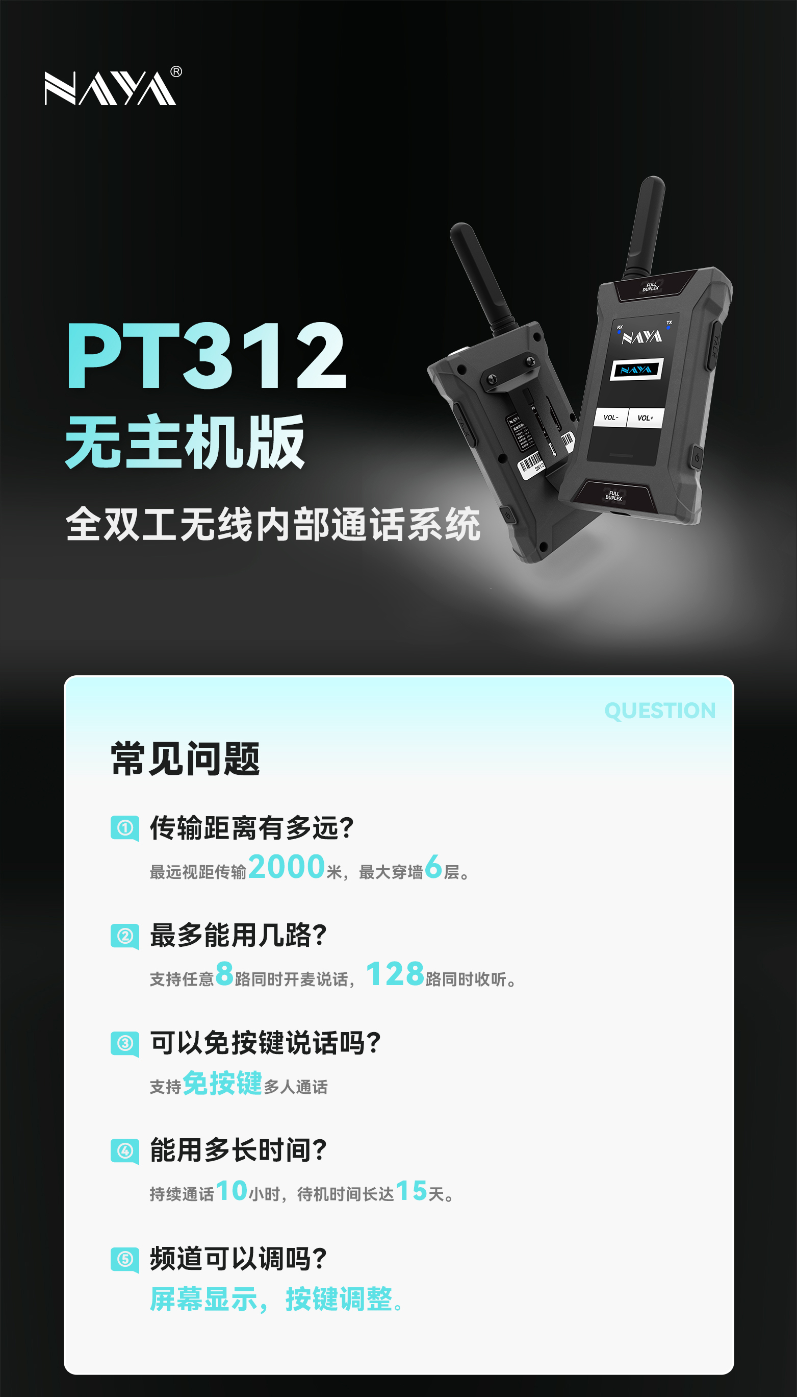 EFDI-PT312(无主机版)无需主机支持, 多达128路腰包可直接通话.