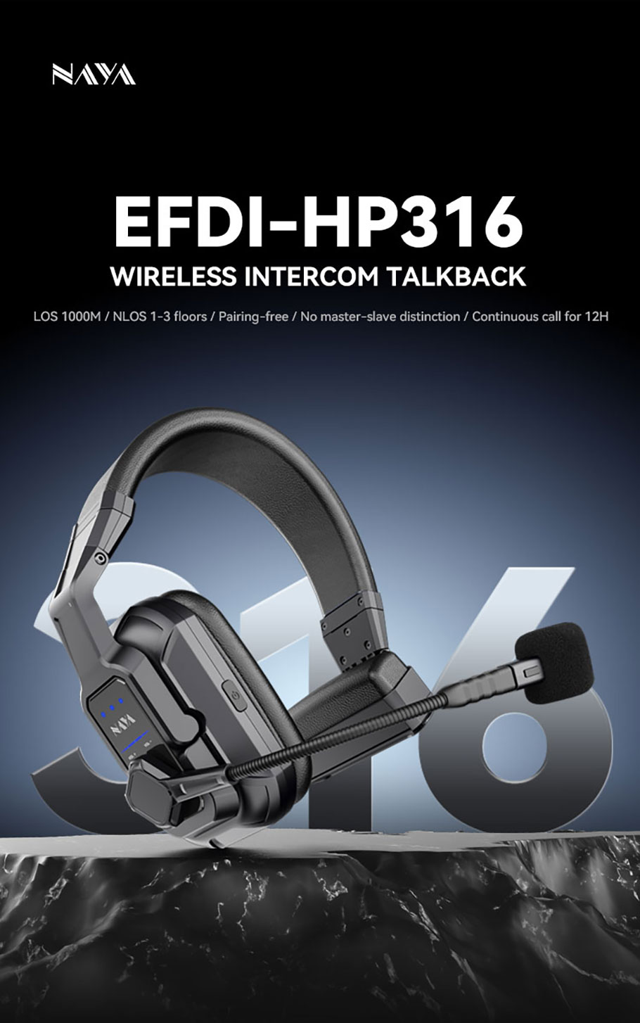 EFDI-HP316 Intercom Headset, NLOS 1000M, supports 128 talking.