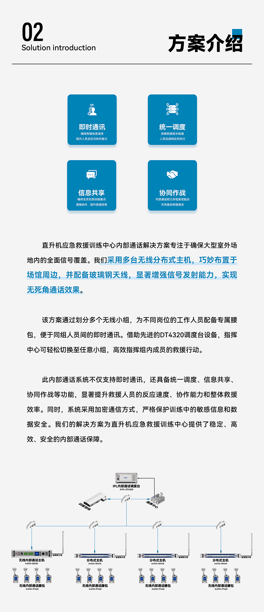 此内部通话系统不仅支持即时通讯，还具备统一调度、信息共享、协同作战等功能，显著提升救援人员的反应速度、协作能力和整体救援效率。同时，系统采用加密通信方式，严格保护训练中的敏感信息和数据安全。我们的解决方案为直升机应急救援训练中心提供了稳定、高效、安全的内部通话保障。​