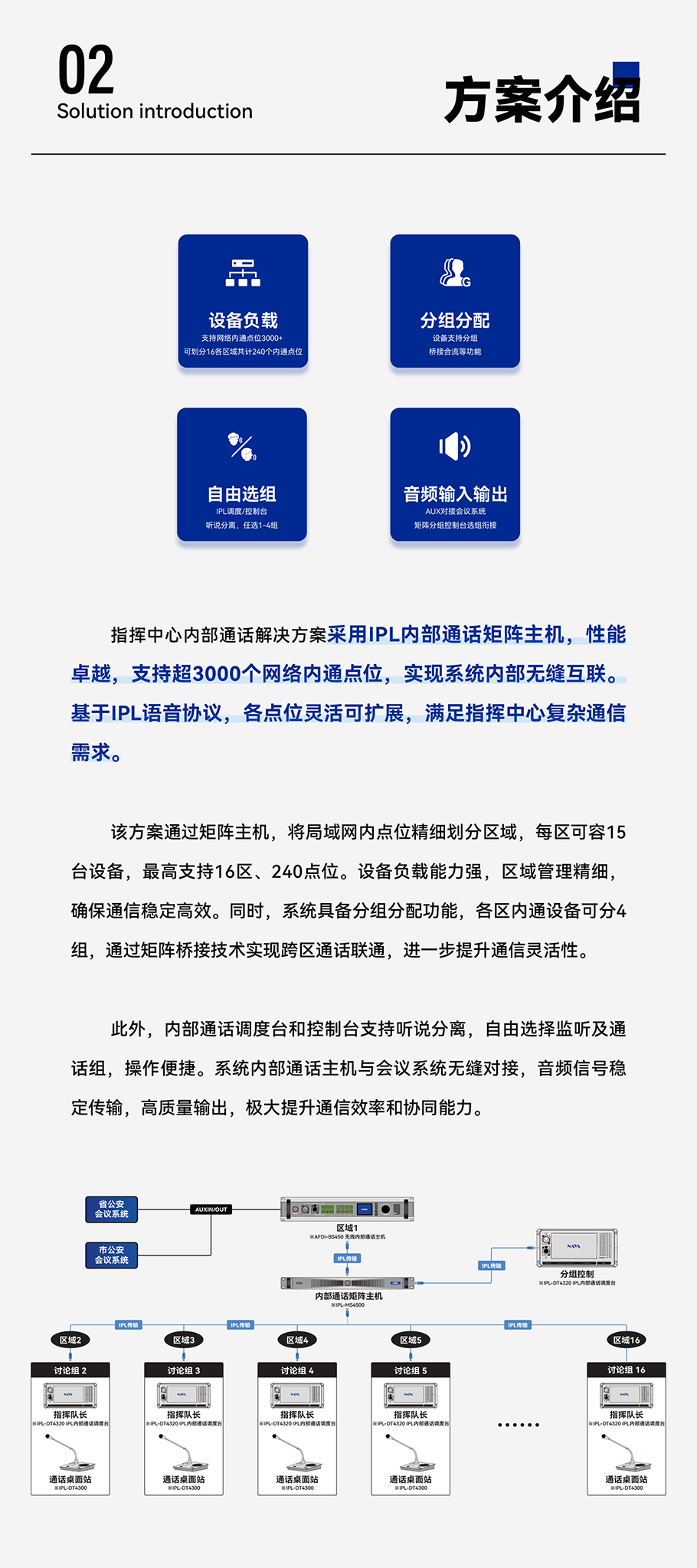此外，内部通话调度台和控制台支持听说分离，自由选择监听及通话组，操作便捷。系统内部通话主机与会议系统无缝对接，音频信号稳定传输，高质量输出，极大提升内部通信效率和协同作战能力。​