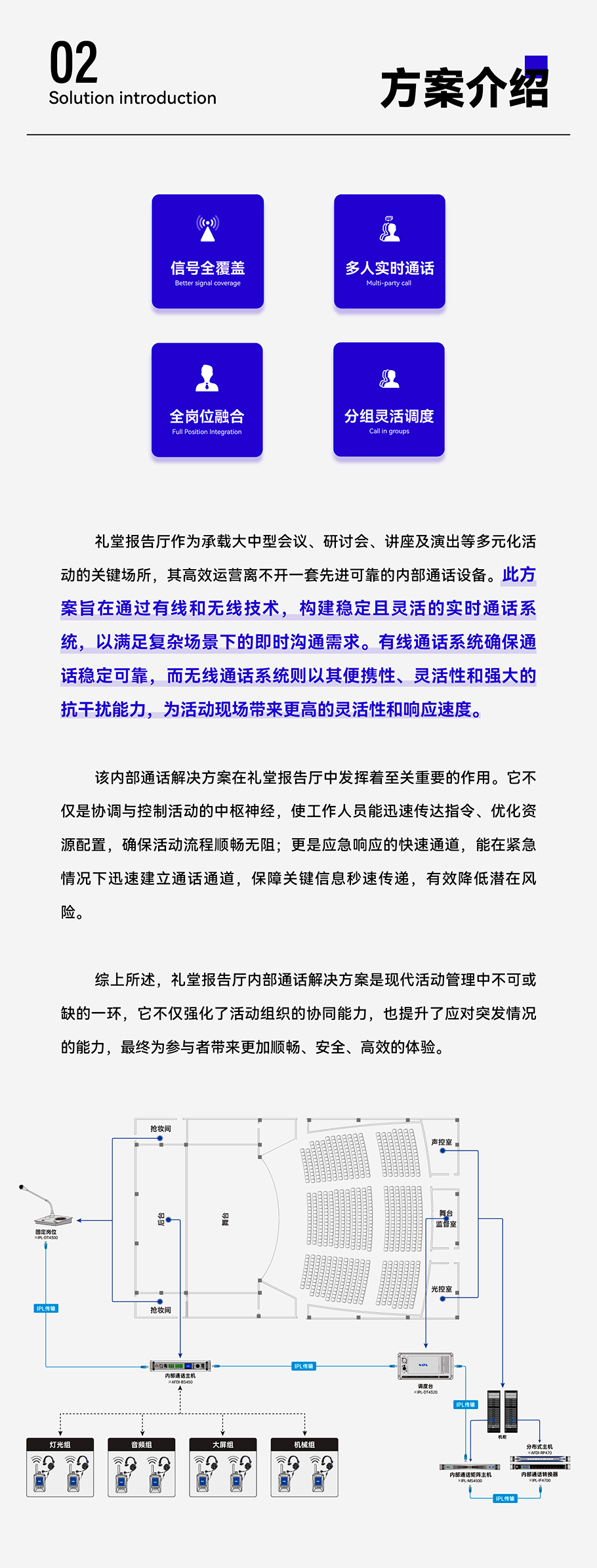 该内部通话解决方案在礼堂报告厅中发挥着至关重要的作用。它不仅是协调与控制活动的中枢神经，使工作人员能迅速传达指令、优化资源配置，确保活动流程顺畅无阻；更是应急响应的快速通道，能在紧急情况下迅速建立通话通道，保障关键信息秒速传递，有效降低潜在风险。