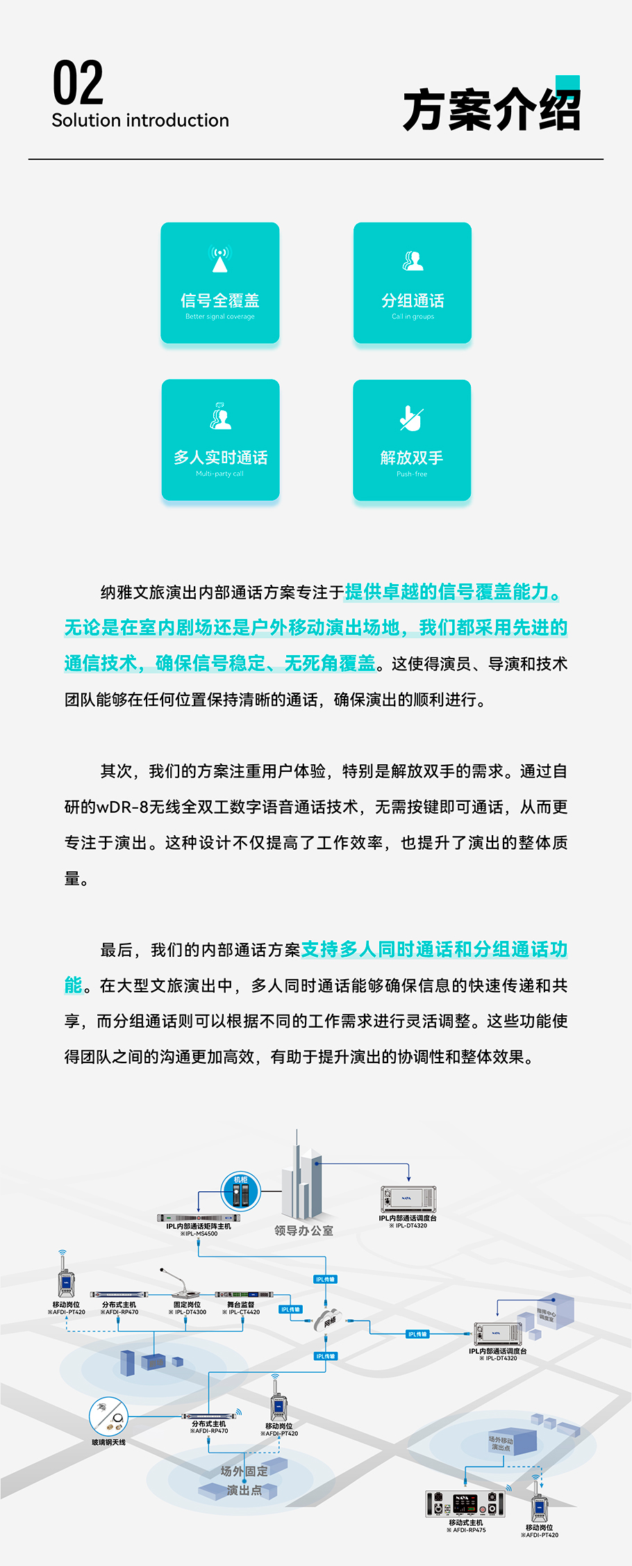 内部通话方案支持多人同时通话和分组通话功能。在大型文旅演出中，多人同时通话能够确保信息的快速传递和共享，而分组通话则可以根据不同的工作需求进行灵活调整。这些功能使得团队之间的沟通更加高效，有助于提升演出的协调性和整体效果。​